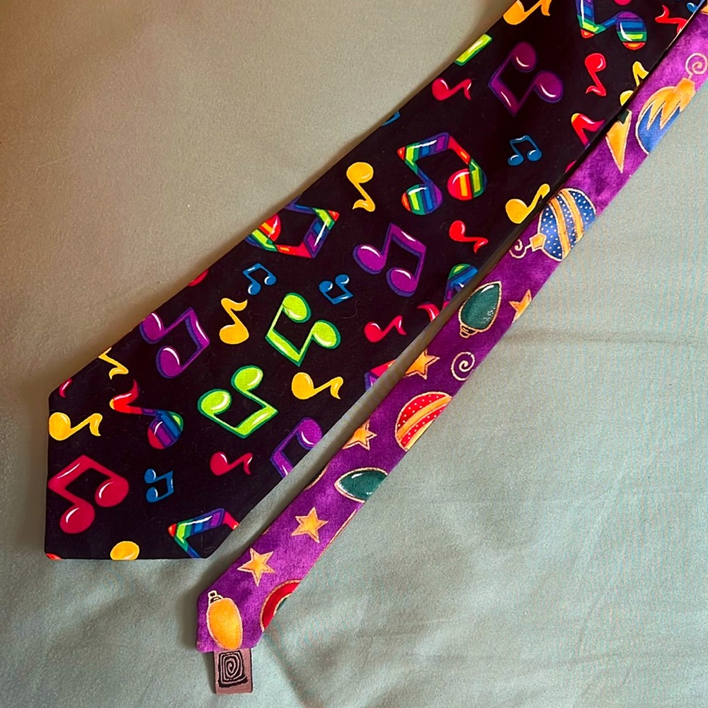 Vintage Flax Blue Reversible Tie, Colorful Music Notes & Holiday Ornaments Stars